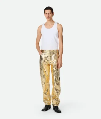 Pantalones rectos de piel Intrecciato laminada