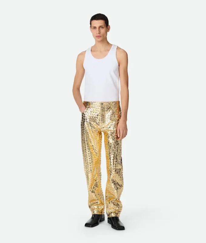 Pantalones rectos de piel Intrecciato laminada