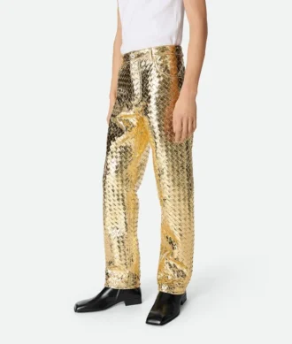 Pantalones rectos de piel Intrecciato laminada