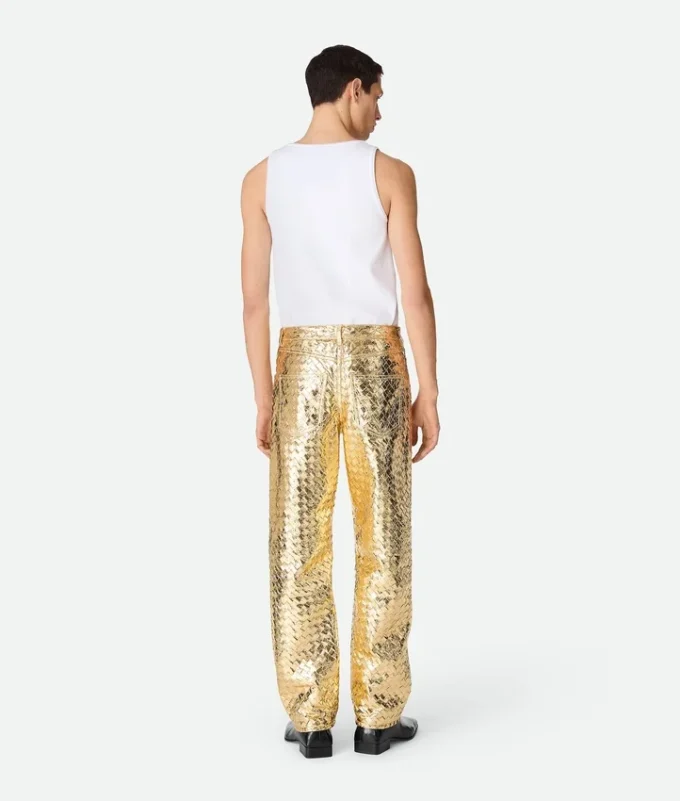 Pantalones rectos de piel Intrecciato laminada